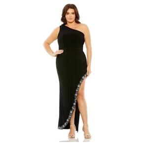 Mac Duggal Black One Shoulder Ruched Embellished Gown Size 18W NWT Formal